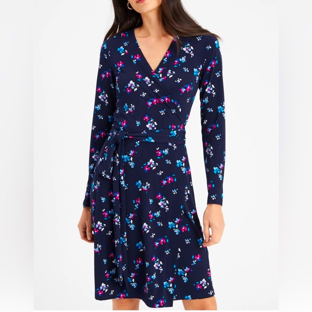 BANANA REPUBLIC Navy Blue Floral Long Sleeve Wrap Dress - Size L